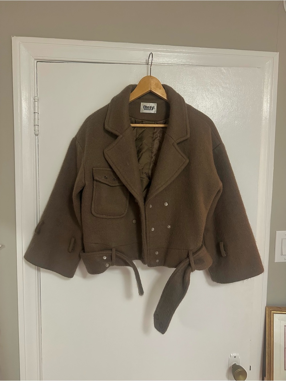 Brown Wool Blend Belted Peacoat Jacket